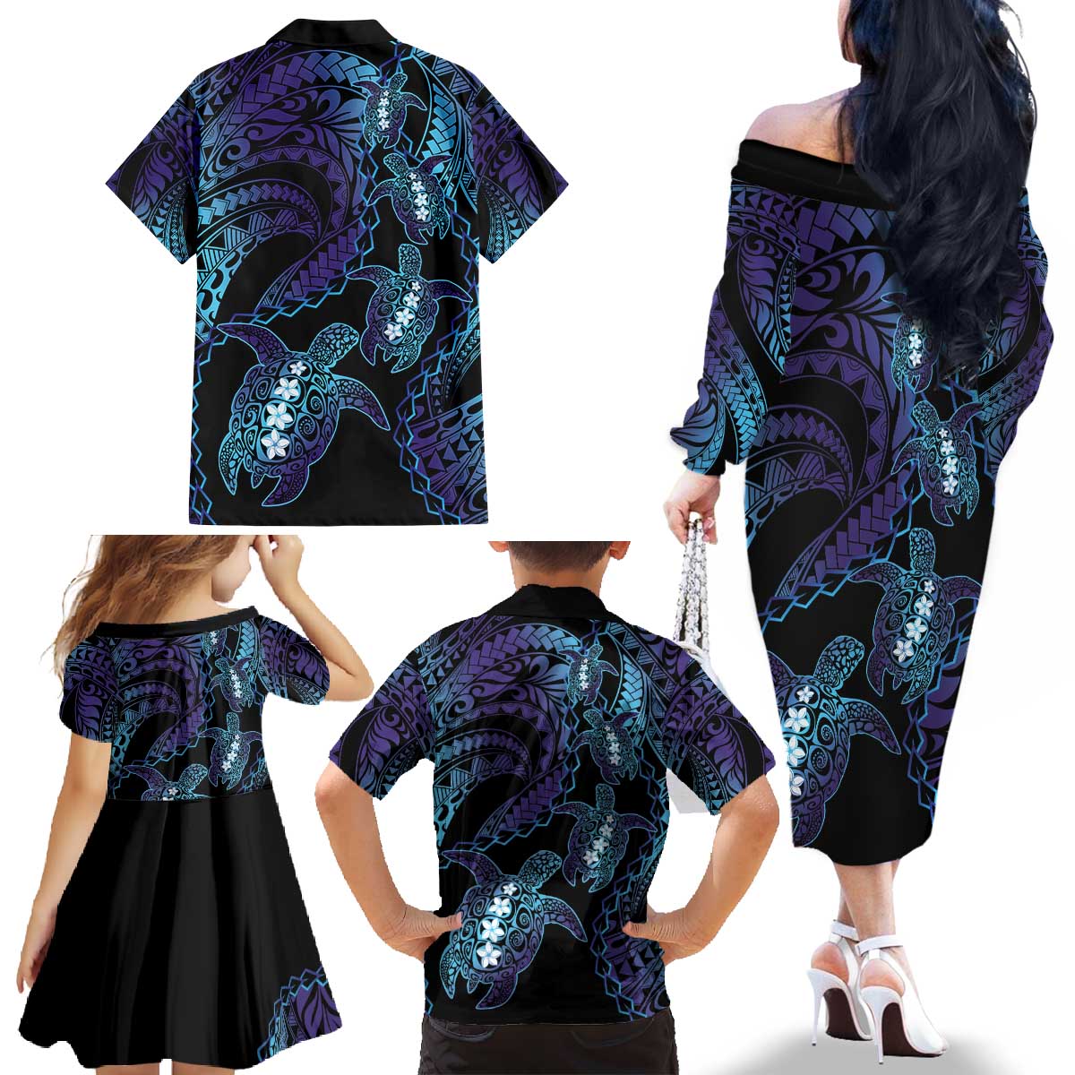 Polynesia Sea Turtle Day Family Matching Off The Shoulder Long Sleeve Dress and Hawaiian Shirt Tribal Honu Plumeria Polynesian Pattern