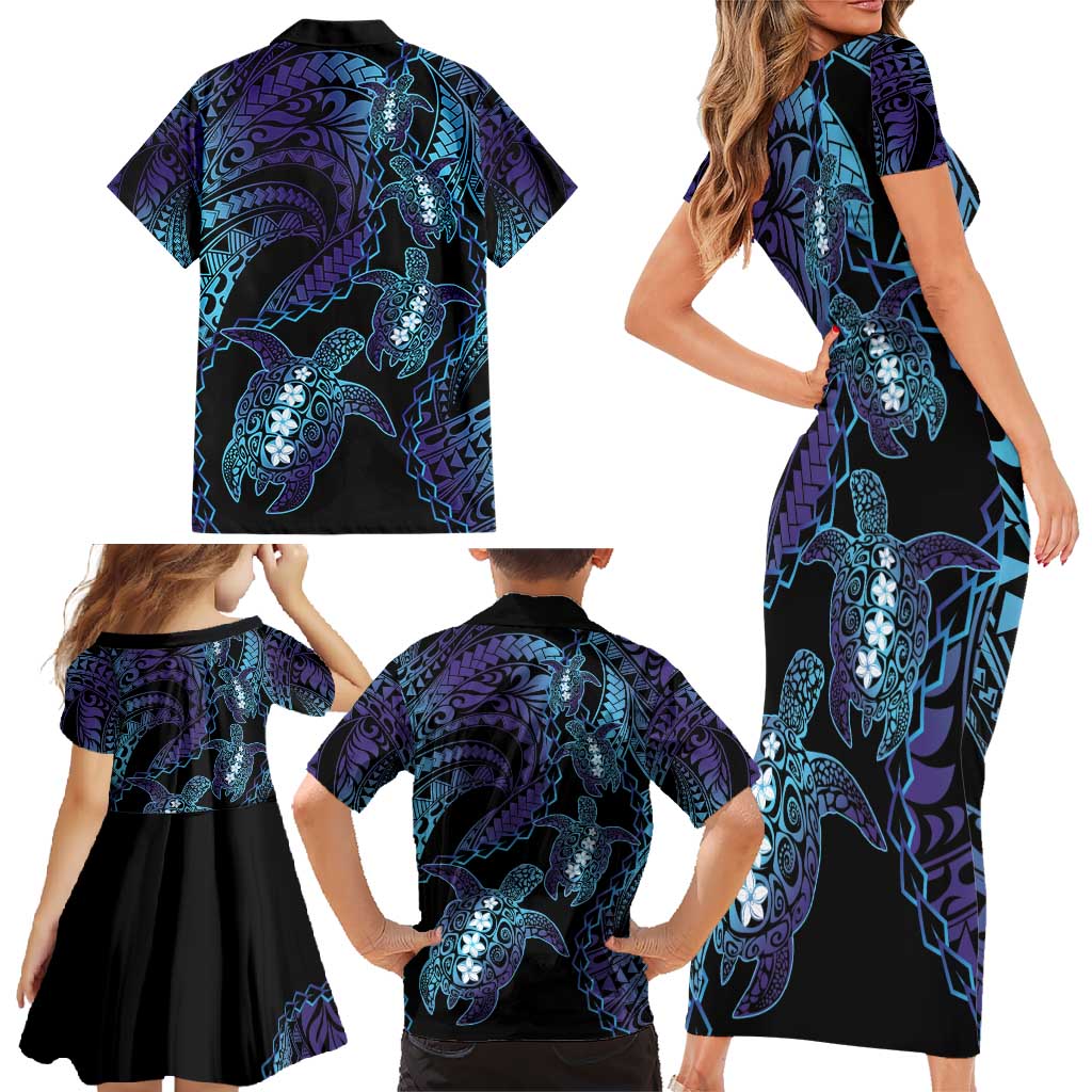 Polynesia Sea Turtle Day Family Matching Short Sleeve Bodycon Dress and Hawaiian Shirt Tribal Honu Plumeria Polynesian Pattern