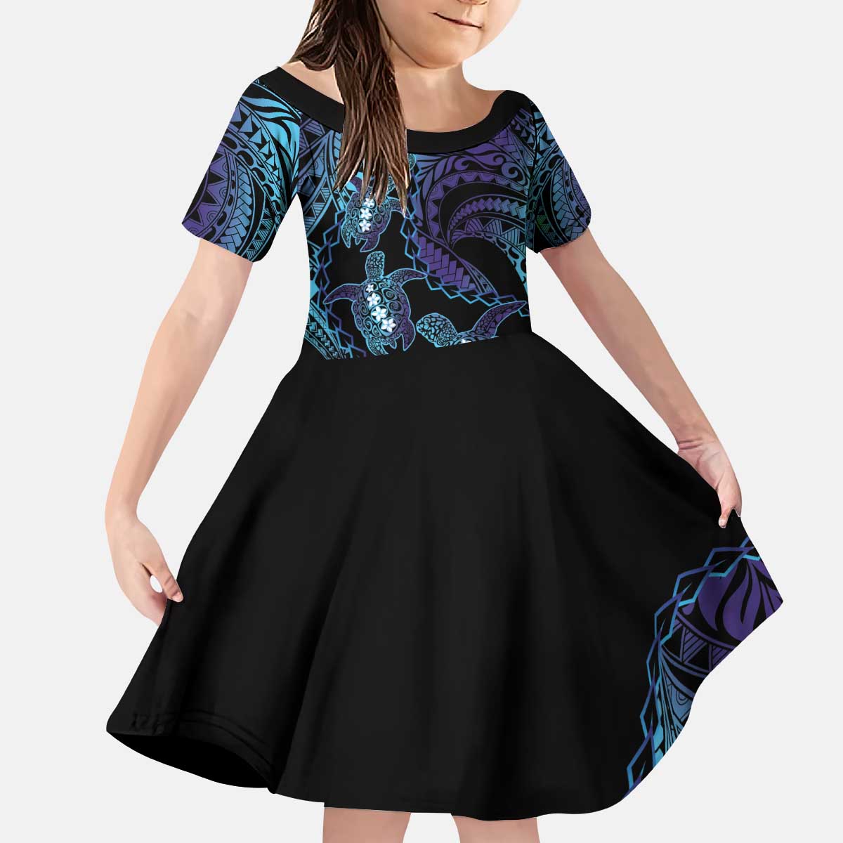 Polynesia Sea Turtle Day Kid Short Sleeve Dress Tribal Honu Plumeria Polynesian Pattern LT14 KID Purple - Polynesian Pride