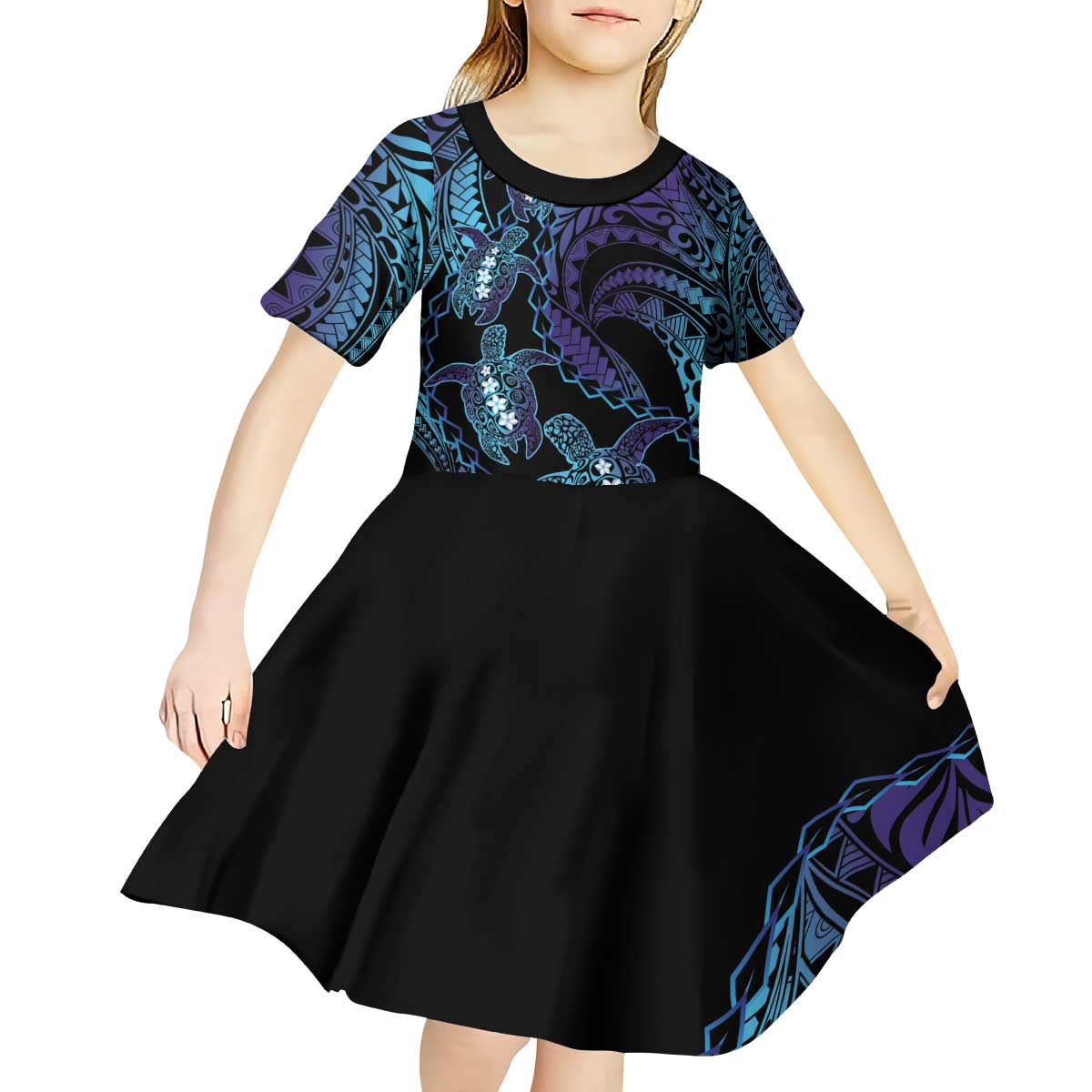 Polynesia Sea Turtle Day Kid Short Sleeve Dress Tribal Honu Plumeria Polynesian Pattern LT14 - Polynesian Pride