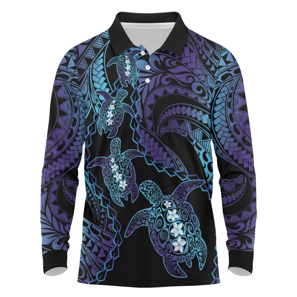 Polynesia Sea Turtle Day Long Sleeve Polo Shirt Tribal Honu Plumeria Polynesian Pattern