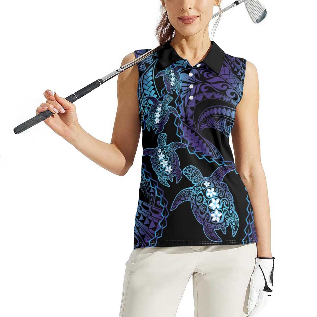 Polynesia Sea Turtle Day Women Sleeveless Polo Shirt Tribal Honu Plumeria Polynesian Pattern