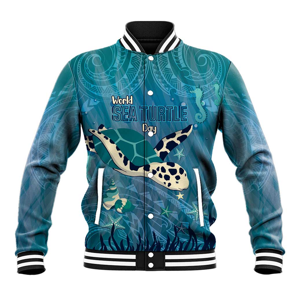 World Sea Turtle Day Polynesia Baseball Jacket Go With The Flow LT14 Unisex Cyan - Polynesian Pride