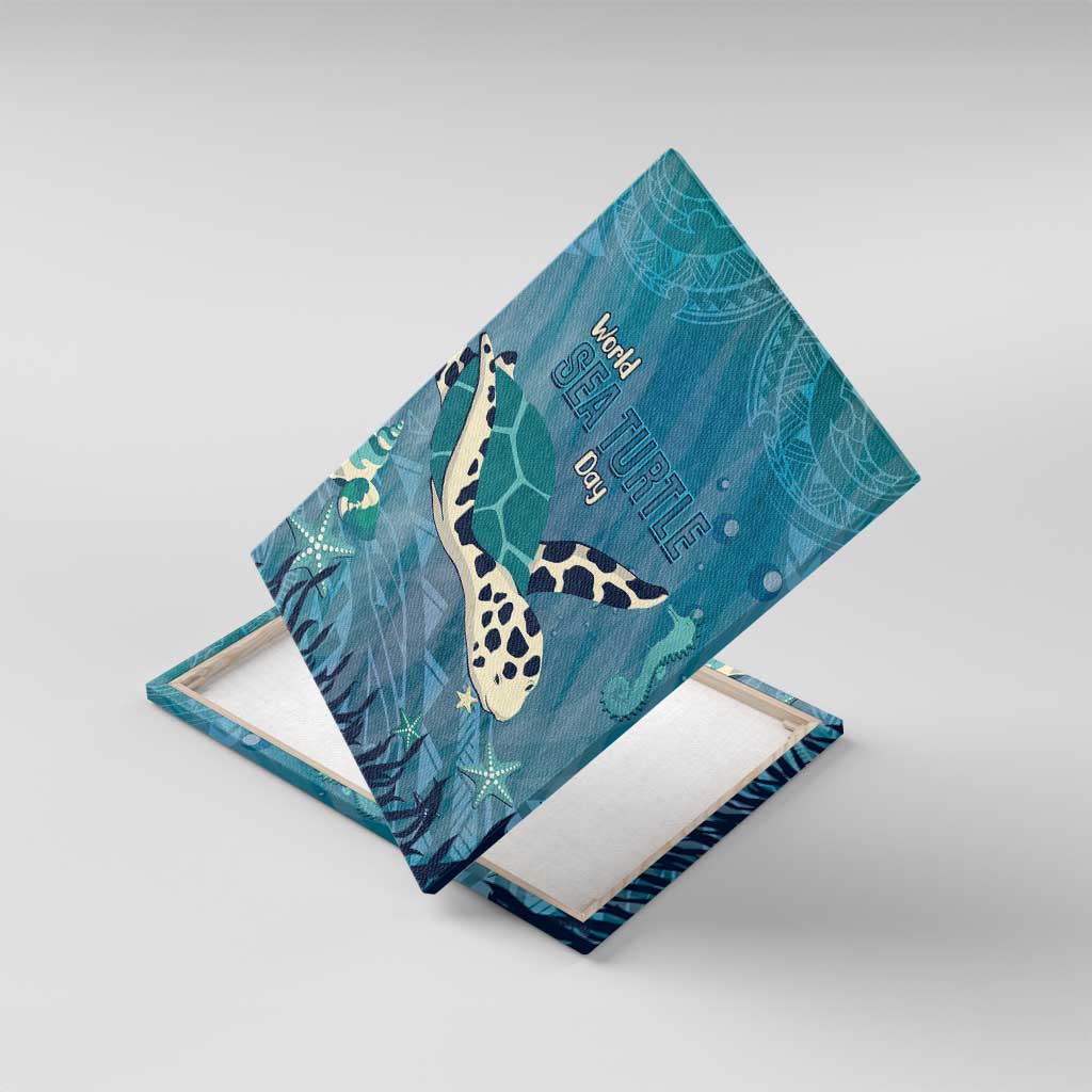 World Sea Turtle Day Polynesia Canvas Wall Art Go With The Flow LT14 With Frame Cyan - Polynesian Pride