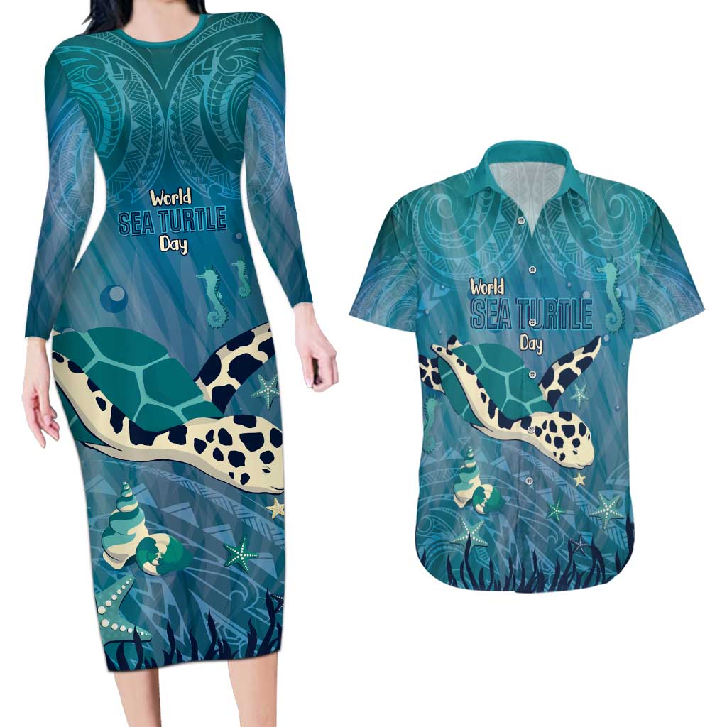 World Sea Turtle Day Polynesia Couples Matching Long Sleeve Bodycon Dress and Hawaiian Shirt Go With The Flow LT14 Cyan - Polynesian Pride