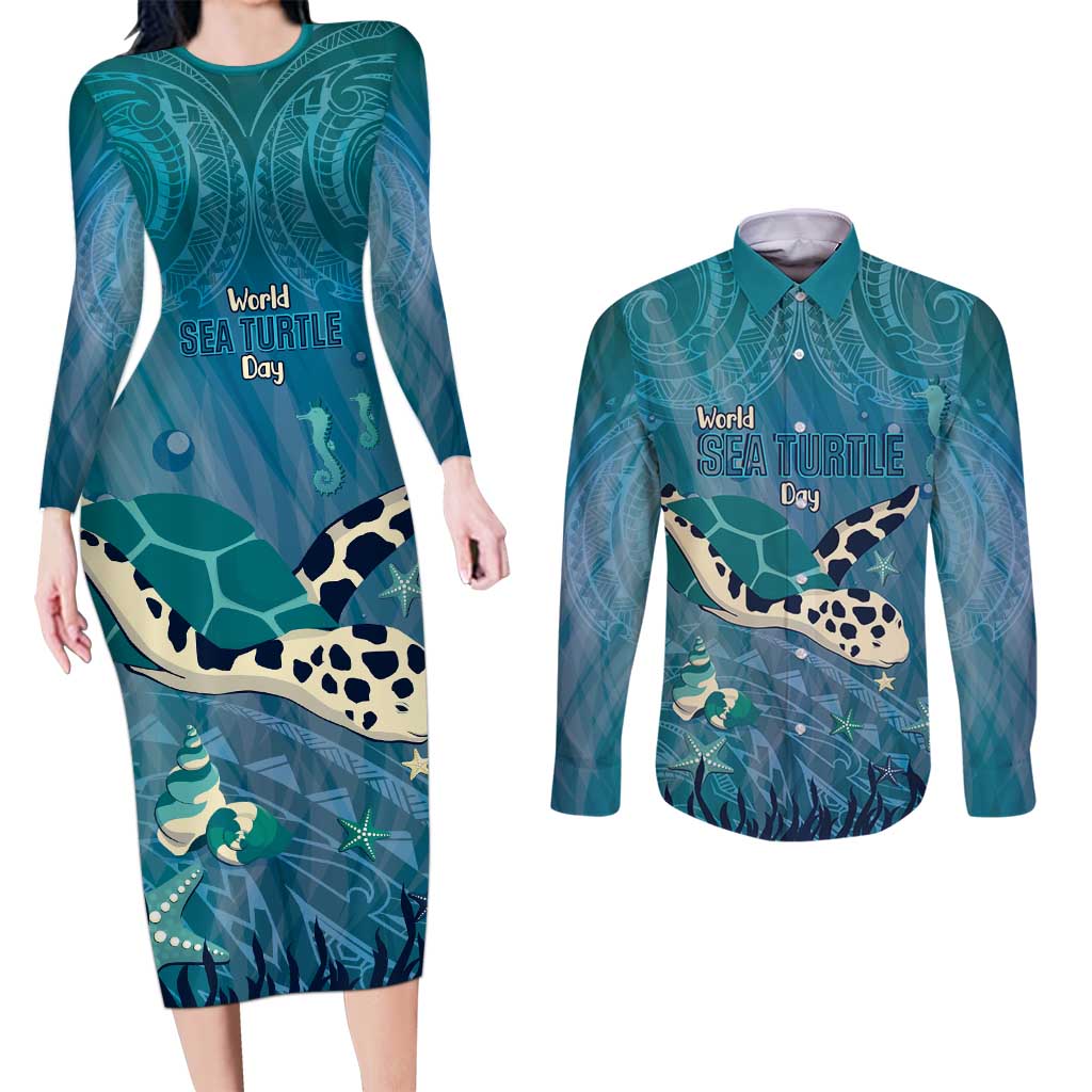 World Sea Turtle Day Polynesia Couples Matching Long Sleeve Bodycon Dress and Long Sleeve Button Shirt Go With The Flow LT14 Cyan - Polynesian Pride