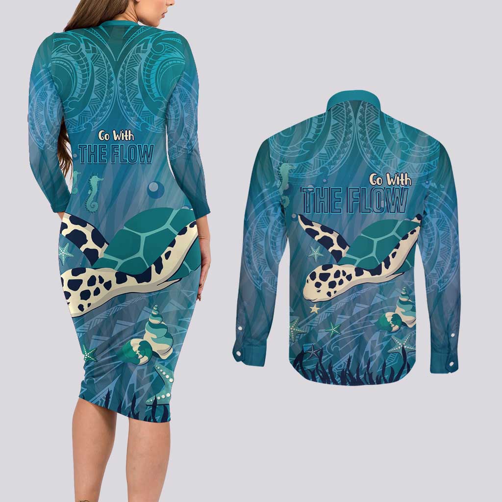 World Sea Turtle Day Polynesia Couples Matching Long Sleeve Bodycon Dress and Long Sleeve Button Shirt Go With The Flow LT14 - Polynesian Pride