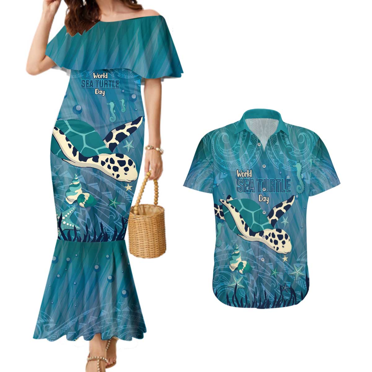 World Sea Turtle Day Polynesia Couples Matching Mermaid Dress and Hawaiian Shirt Go With The Flow LT14 Cyan - Polynesian Pride