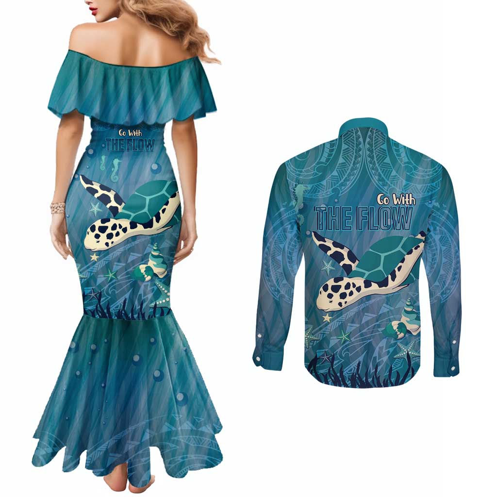 World Sea Turtle Day Polynesia Couples Matching Mermaid Dress and Long Sleeve Button Shirt Go With The Flow LT14 - Polynesian Pride