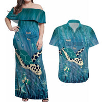 World Sea Turtle Day Polynesia Couples Matching Off Shoulder Maxi Dress and Hawaiian Shirt Go With The Flow LT14 Cyan - Polynesian Pride