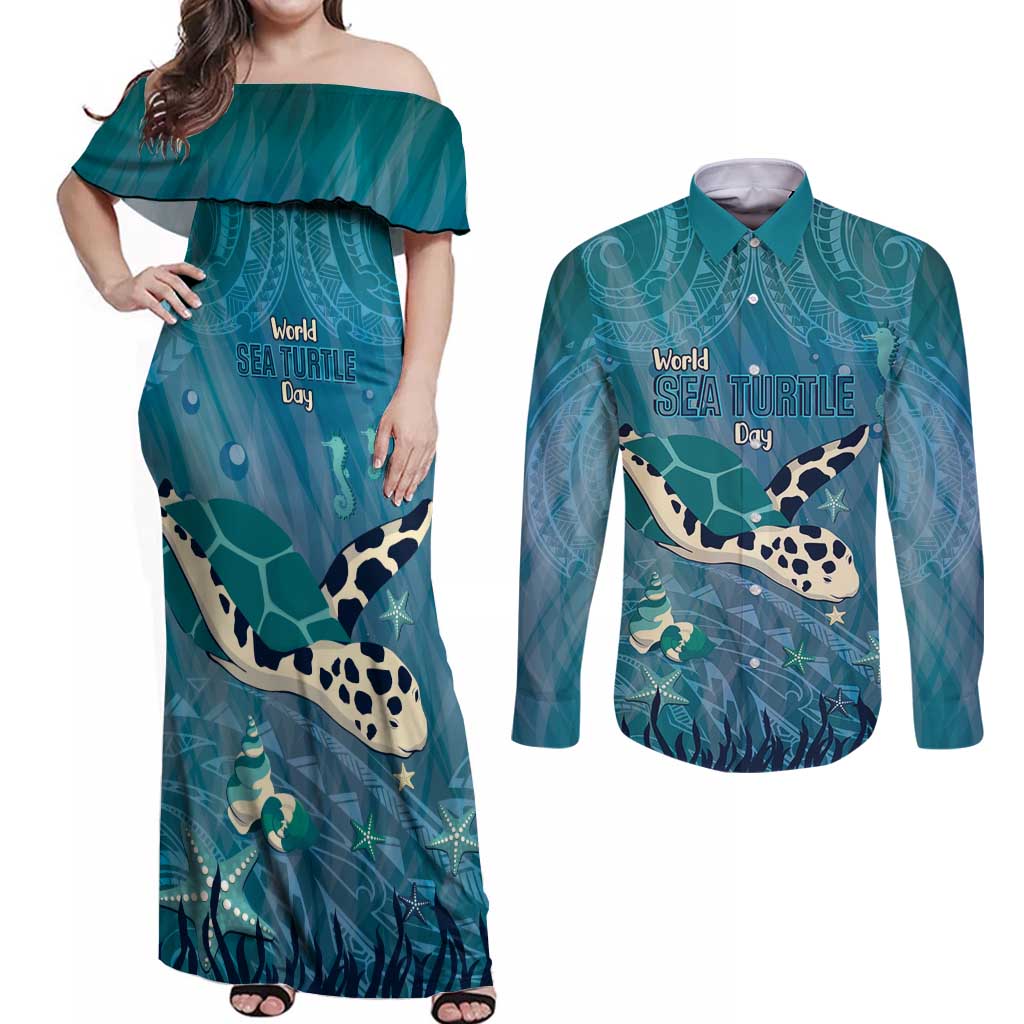 World Sea Turtle Day Polynesia Couples Matching Off Shoulder Maxi Dress and Long Sleeve Button Shirt Go With The Flow LT14 Cyan - Polynesian Pride
