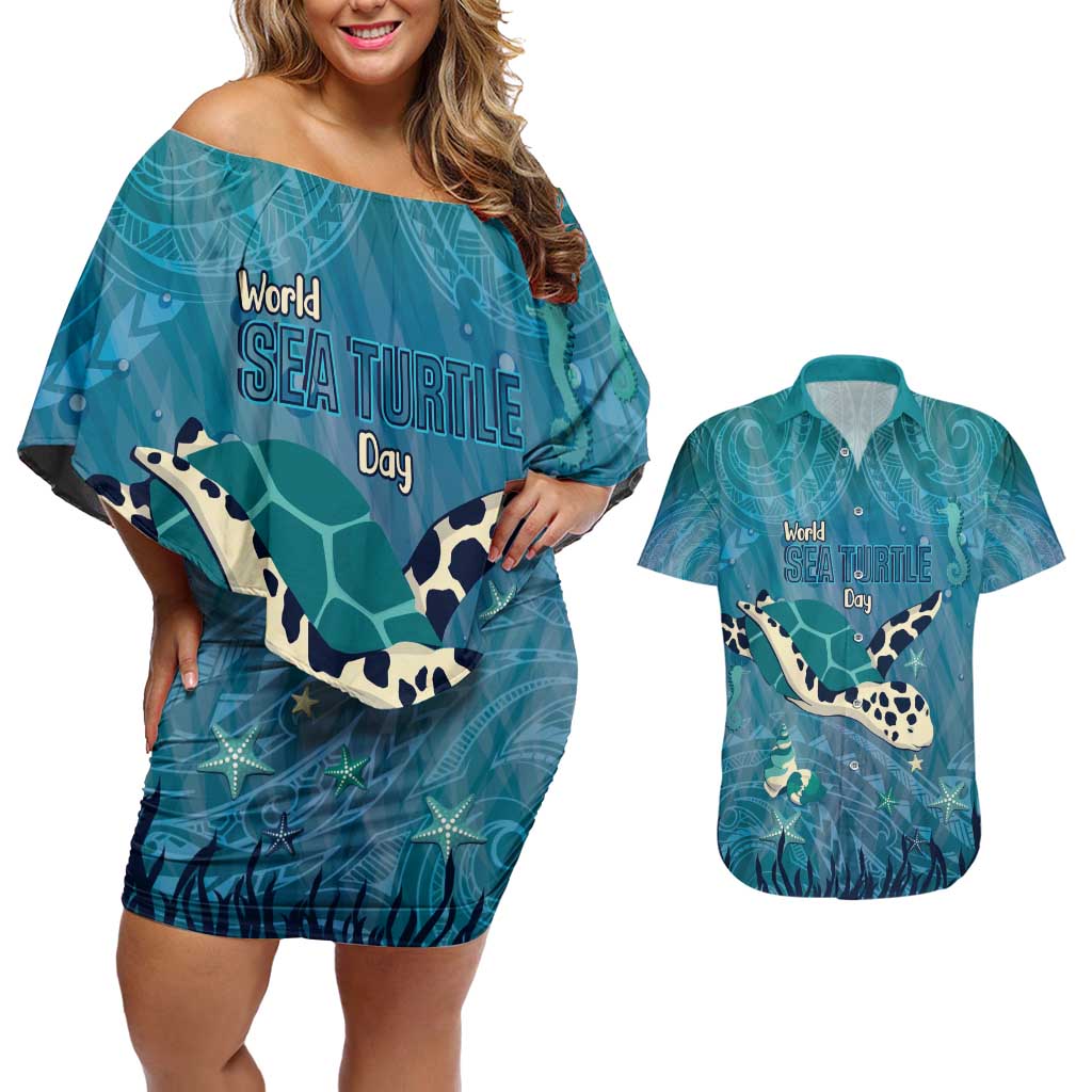 World Sea Turtle Day Polynesia Couples Matching Off Shoulder Short Dress and Hawaiian Shirt Go With The Flow LT14 Cyan - Polynesian Pride