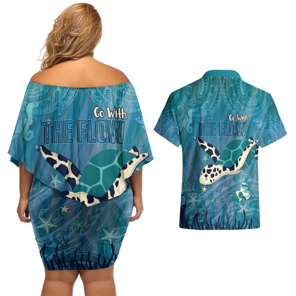 World Sea Turtle Day Polynesia Couples Matching Off Shoulder Short Dress and Hawaiian Shirt Go With The Flow LT14 - Polynesian Pride