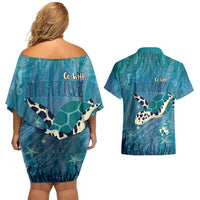 World Sea Turtle Day Polynesia Couples Matching Off Shoulder Short Dress and Hawaiian Shirt Go With The Flow LT14 - Polynesian Pride