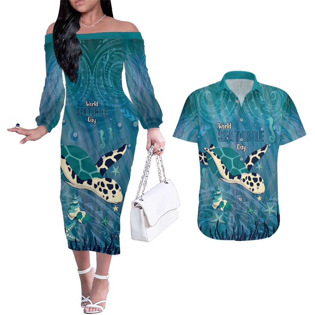 World Sea Turtle Day Polynesia Couples Matching Off The Shoulder Long Sleeve Dress and Hawaiian Shirt Go With The Flow LT14 Cyan - Polynesian Pride