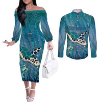 World Sea Turtle Day Polynesia Couples Matching Off The Shoulder Long Sleeve Dress and Long Sleeve Button Shirt Go With The Flow LT14 Cyan - Polynesian Pride