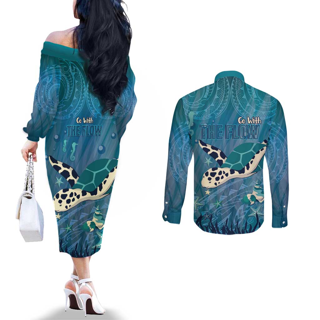 World Sea Turtle Day Polynesia Couples Matching Off The Shoulder Long Sleeve Dress and Long Sleeve Button Shirt Go With The Flow LT14 - Polynesian Pride