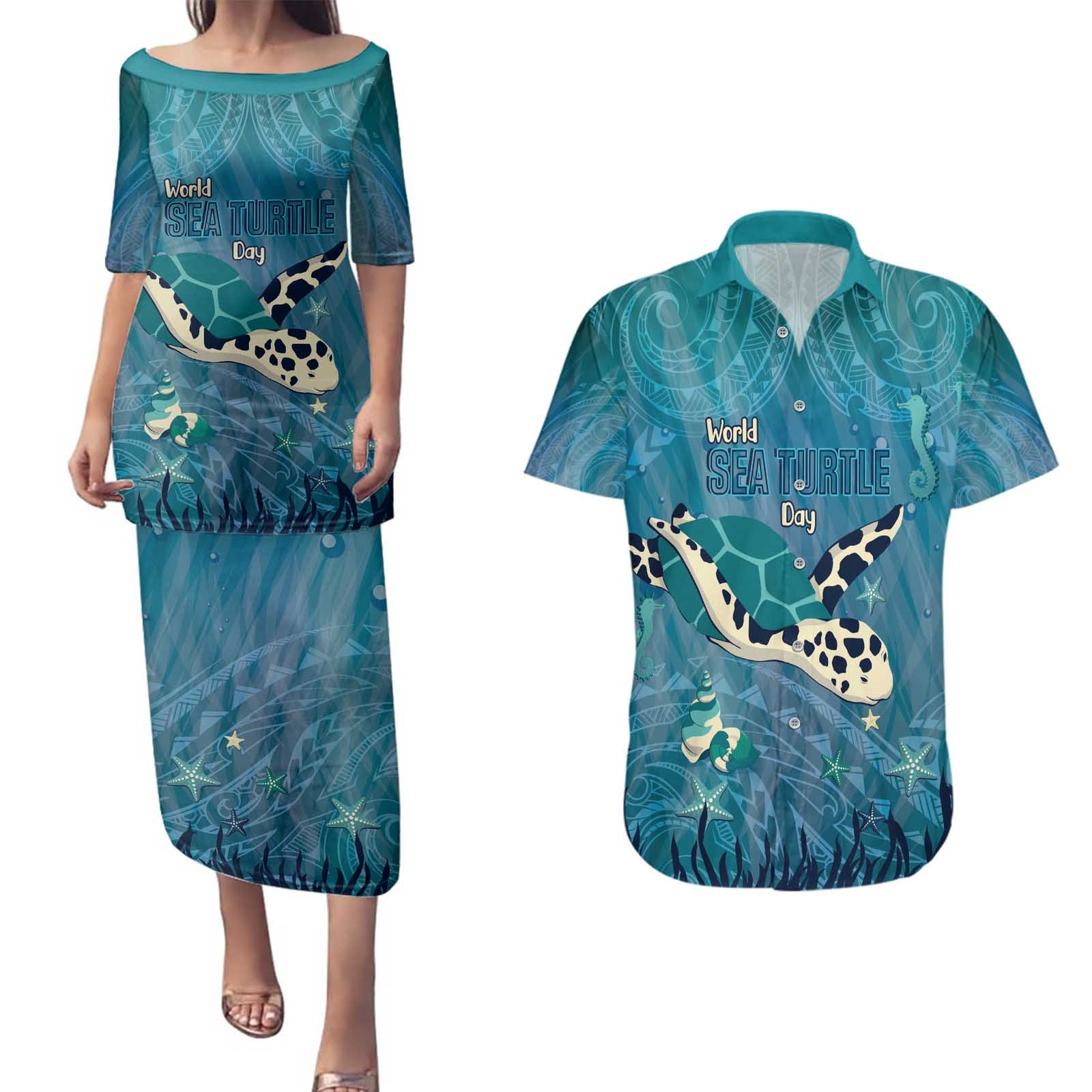 World Sea Turtle Day Polynesia Couples Matching Puletasi and Hawaiian Shirt Go With The Flow LT14 Cyan - Polynesian Pride