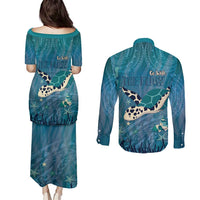 World Sea Turtle Day Polynesia Couples Matching Puletasi and Long Sleeve Button Shirt Go With The Flow LT14 - Polynesian Pride