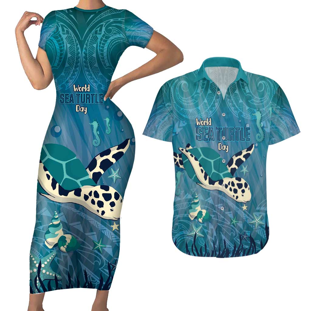 World Sea Turtle Day Polynesia Couples Matching Short Sleeve Bodycon Dress and Hawaiian Shirt Go With The Flow LT14 Cyan - Polynesian Pride