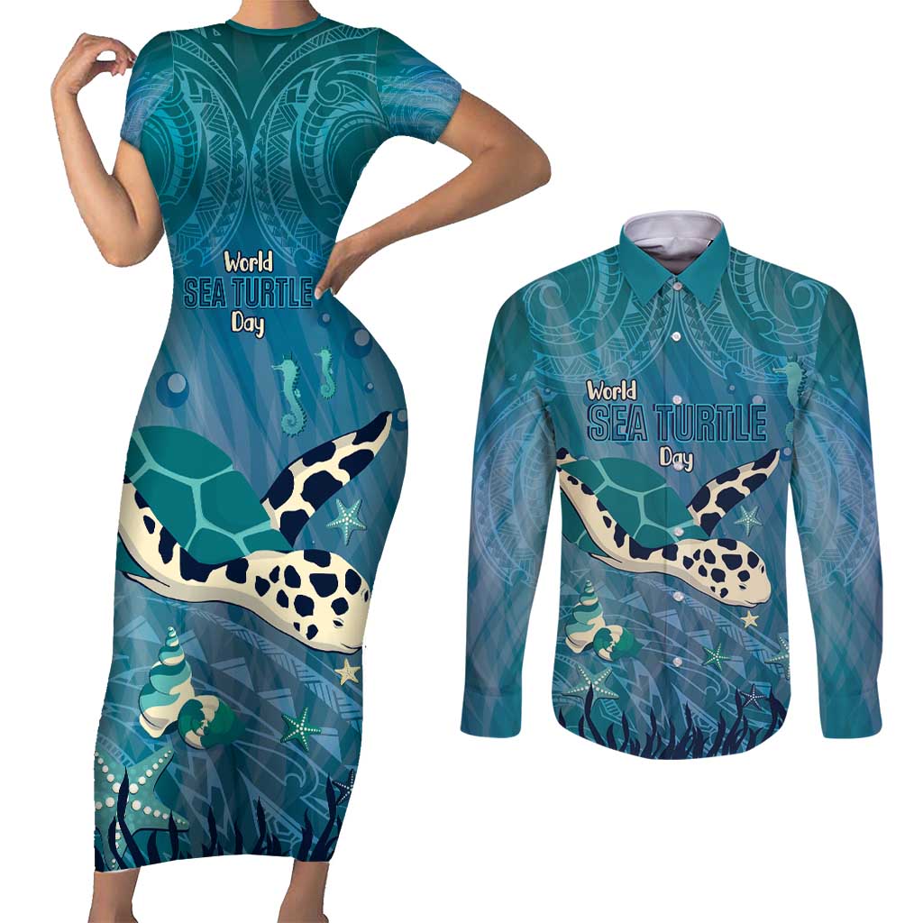 World Sea Turtle Day Polynesia Couples Matching Short Sleeve Bodycon Dress and Long Sleeve Button Shirt Go With The Flow LT14 Cyan - Polynesian Pride