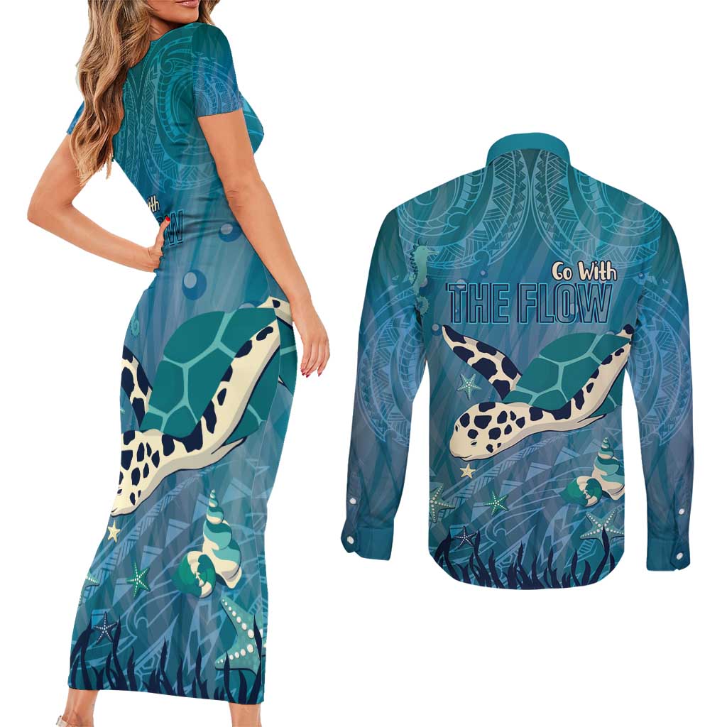 World Sea Turtle Day Polynesia Couples Matching Short Sleeve Bodycon Dress and Long Sleeve Button Shirt Go With The Flow LT14 - Polynesian Pride
