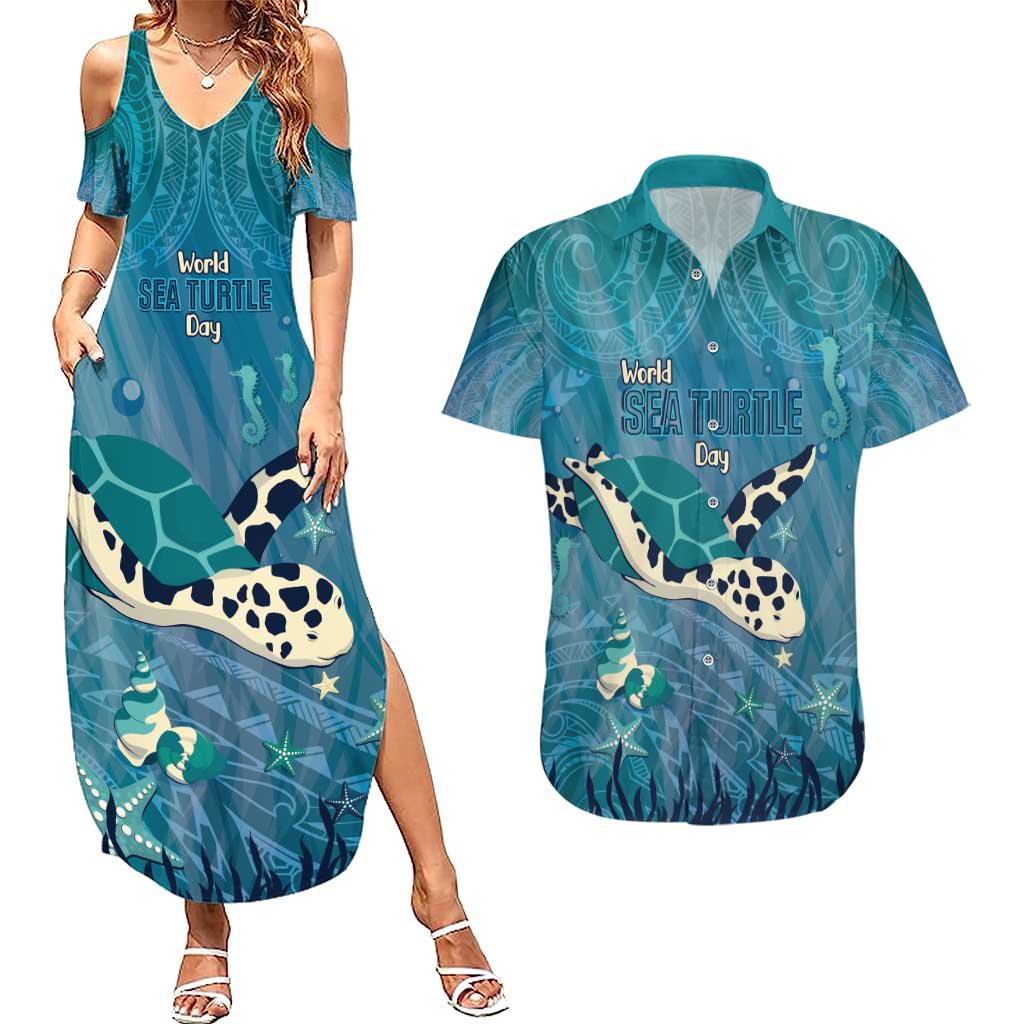 World Sea Turtle Day Polynesia Couples Matching Summer Maxi Dress and Hawaiian Shirt Go With The Flow LT14 Cyan - Polynesian Pride