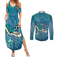 World Sea Turtle Day Polynesia Couples Matching Summer Maxi Dress and Long Sleeve Button Shirt Go With The Flow LT14 Cyan - Polynesian Pride
