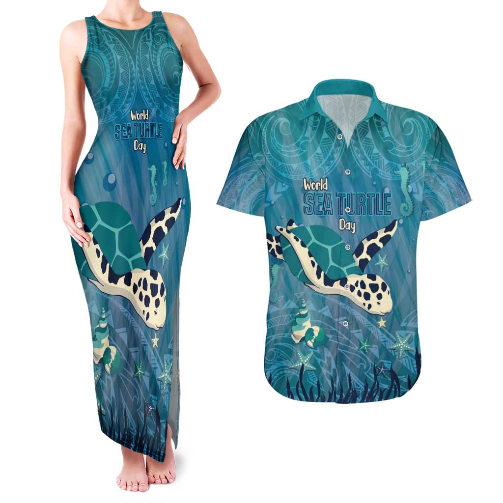 World Sea Turtle Day Polynesia Couples Matching Tank Maxi Dress and Hawaiian Shirt Go With The Flow LT14 Cyan - Polynesian Pride