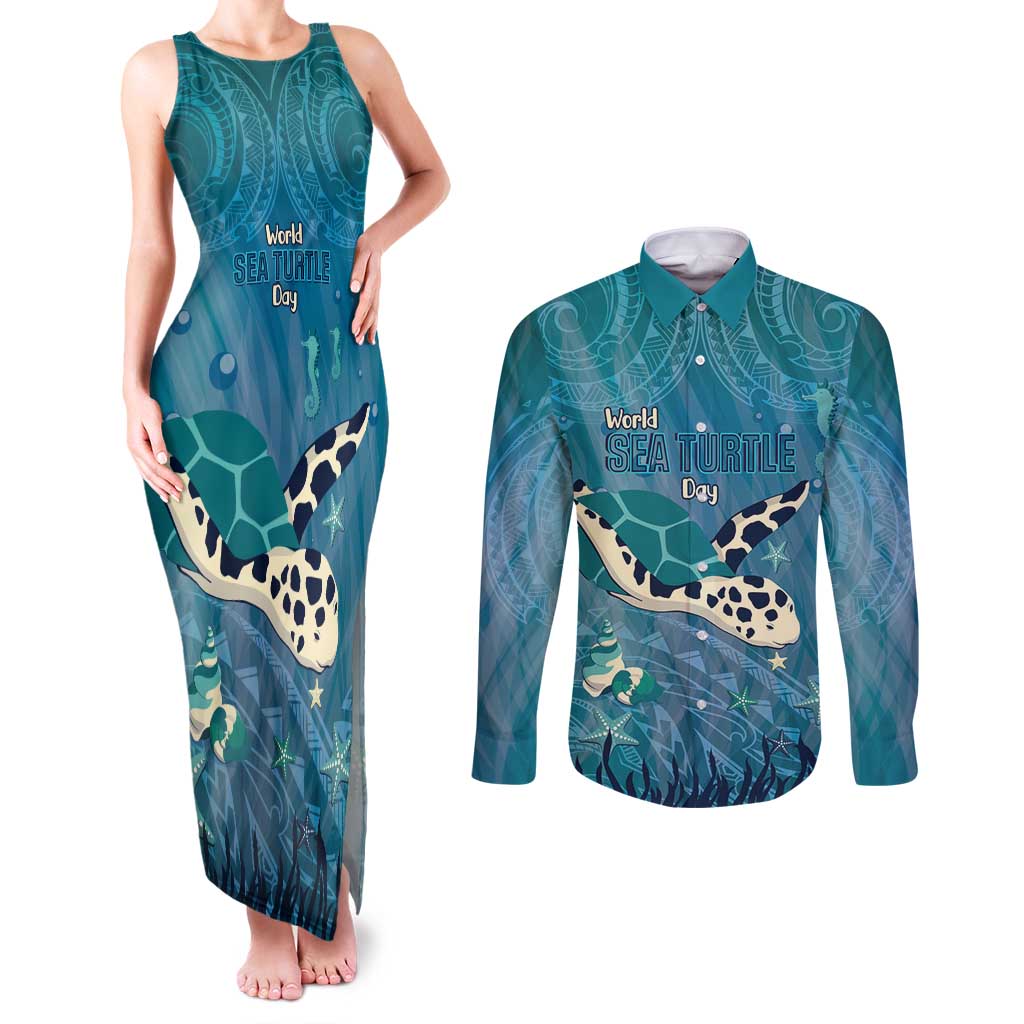 World Sea Turtle Day Polynesia Couples Matching Tank Maxi Dress and Long Sleeve Button Shirt Go With The Flow LT14 Cyan - Polynesian Pride