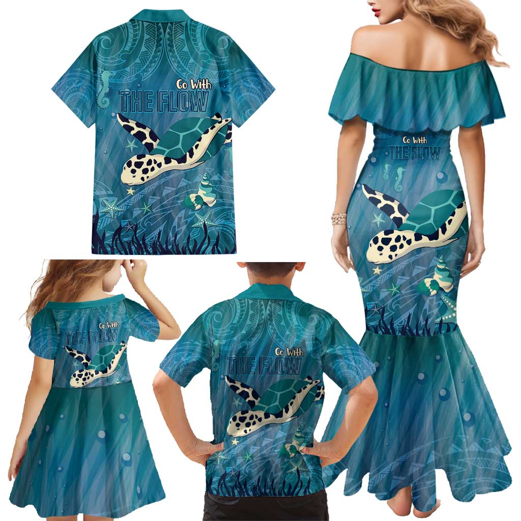 World Sea Turtle Day Polynesia Family Matching Mermaid Dress and Hawaiian Shirt Go With The Flow