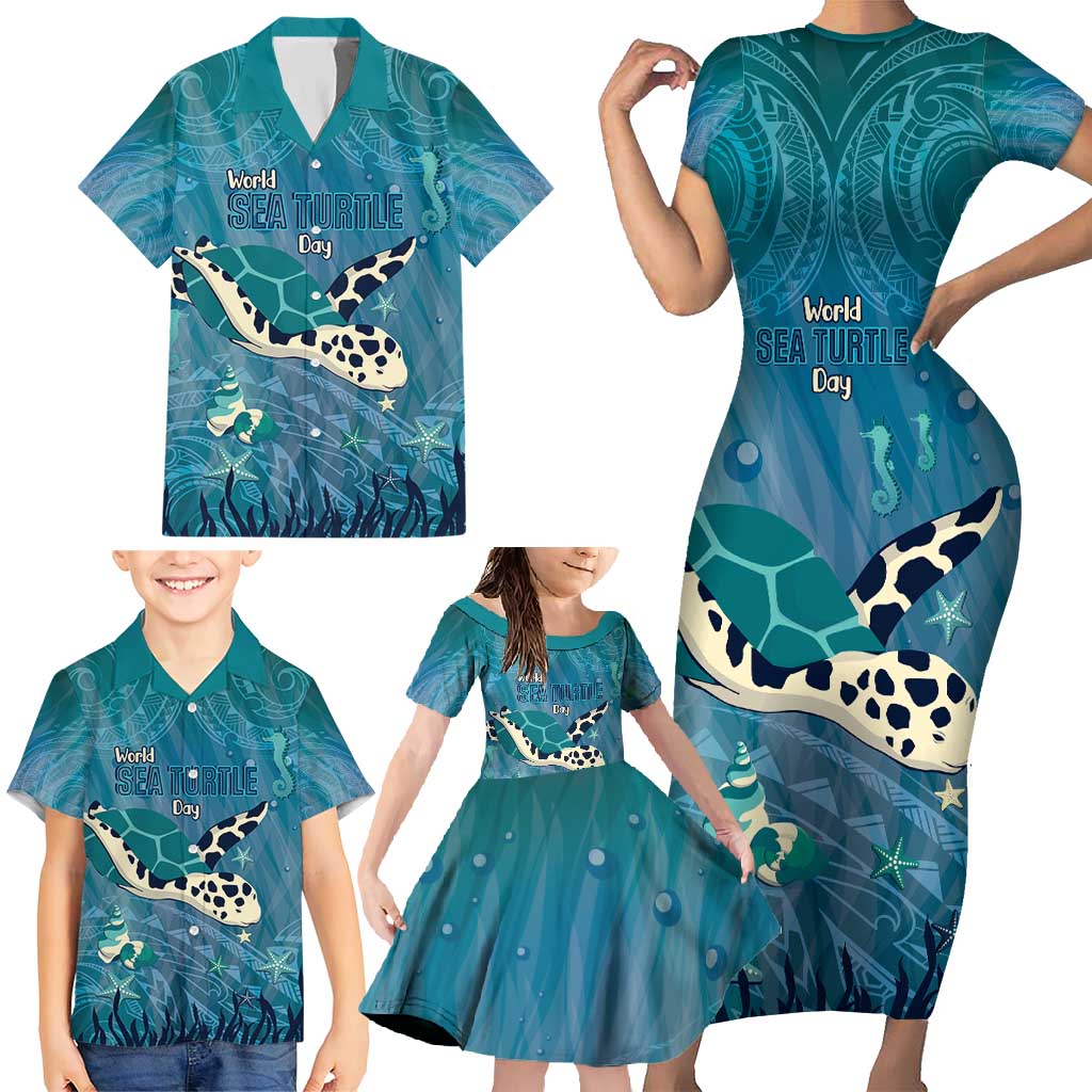 World Sea Turtle Day Polynesia Family Matching Short Sleeve Bodycon Dress and Hawaiian Shirt Go With The Flow
