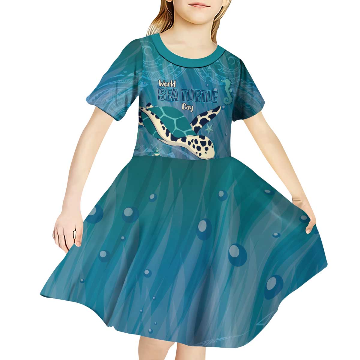 World Sea Turtle Day Polynesia Kid Short Sleeve Dress Go With The Flow LT14 - Polynesian Pride