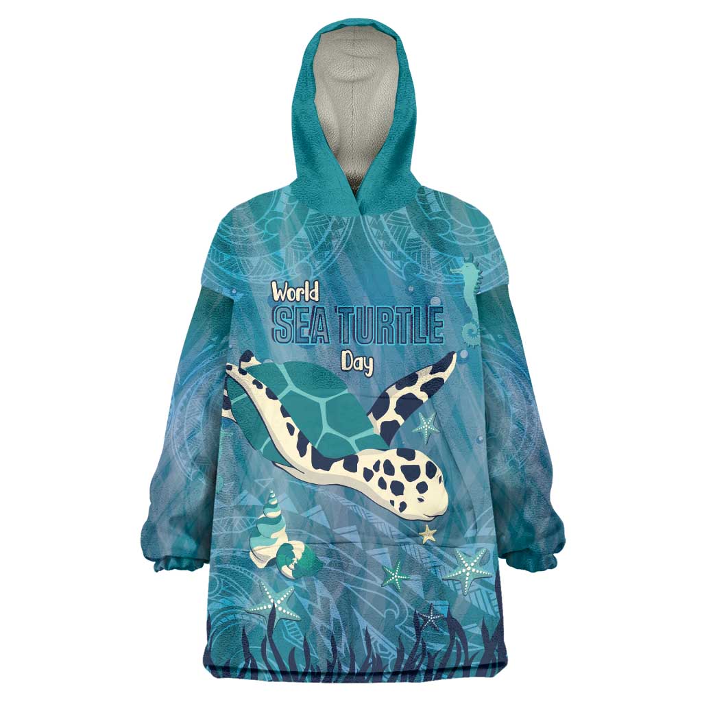 World Sea Turtle Day Polynesia Wearable Blanket Hoodie Go With The Flow LT14 One Size Cyan - Polynesian Pride