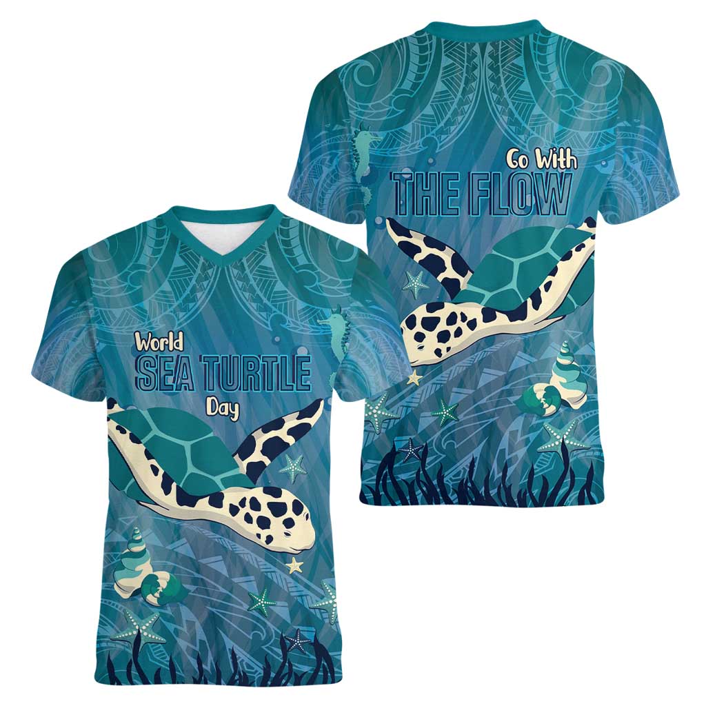 World Sea Turtle Day Polynesia Women V-Neck T-Shirt Go With The Flow