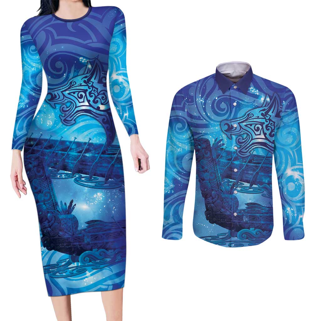 Kuri New Zealand Matariki Couples Matching Long Sleeve Bodycon Dress and Long Sleeve Button Shirt Aotearoa Dog Waka Maori New Year Galaxy Vibes LT14 Blue - Polynesian Pride