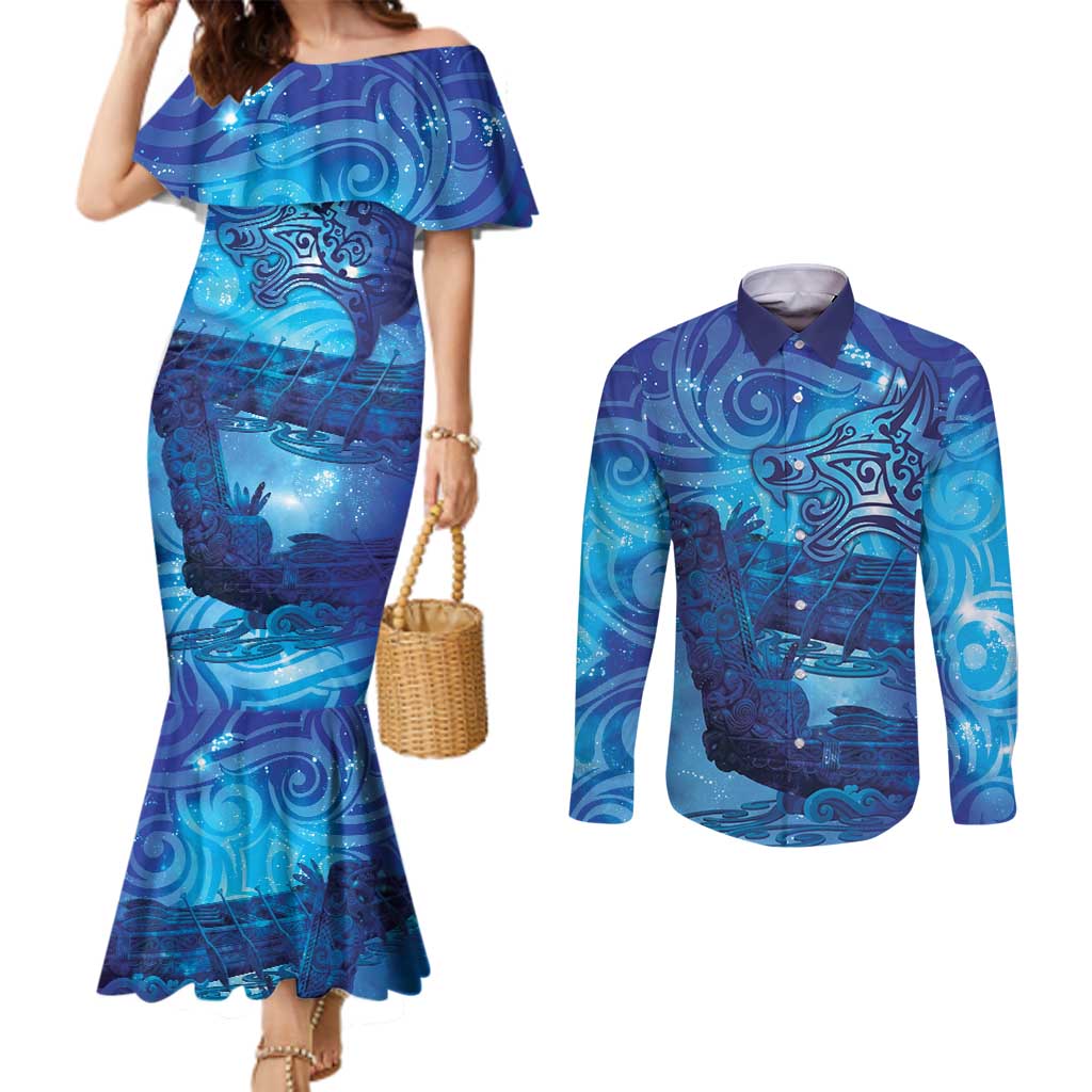 Kuri New Zealand Matariki Couples Matching Mermaid Dress and Long Sleeve Button Shirt Aotearoa Dog Waka Maori New Year Galaxy Vibes LT14 Blue - Polynesian Pride