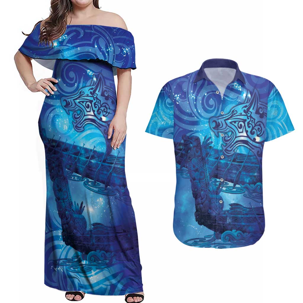 Kuri New Zealand Matariki Couples Matching Off Shoulder Maxi Dress and Hawaiian Shirt Aotearoa Dog Waka Maori New Year Galaxy Vibes LT14 Blue - Polynesian Pride
