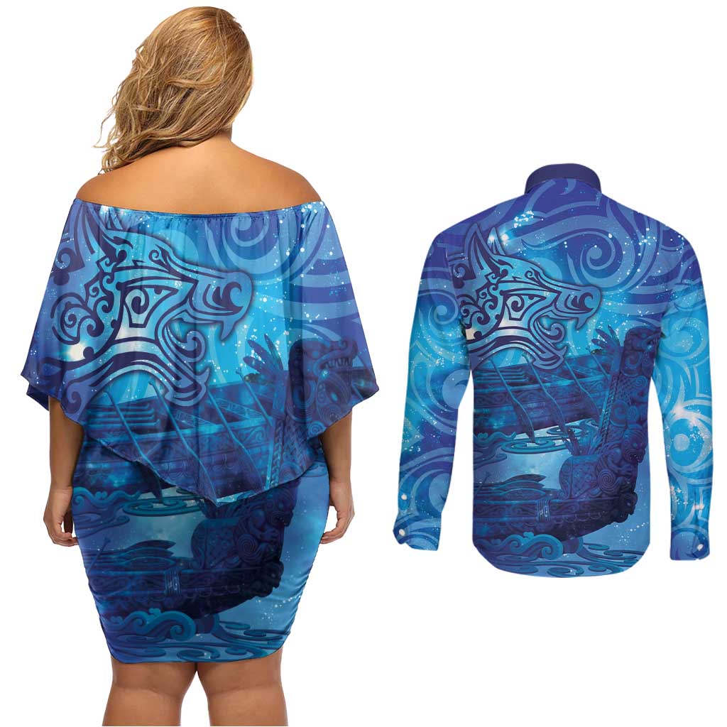 Kuri New Zealand Matariki Couples Matching Off Shoulder Short Dress and Long Sleeve Button Shirt Aotearoa Dog Waka Maori New Year Galaxy Vibes