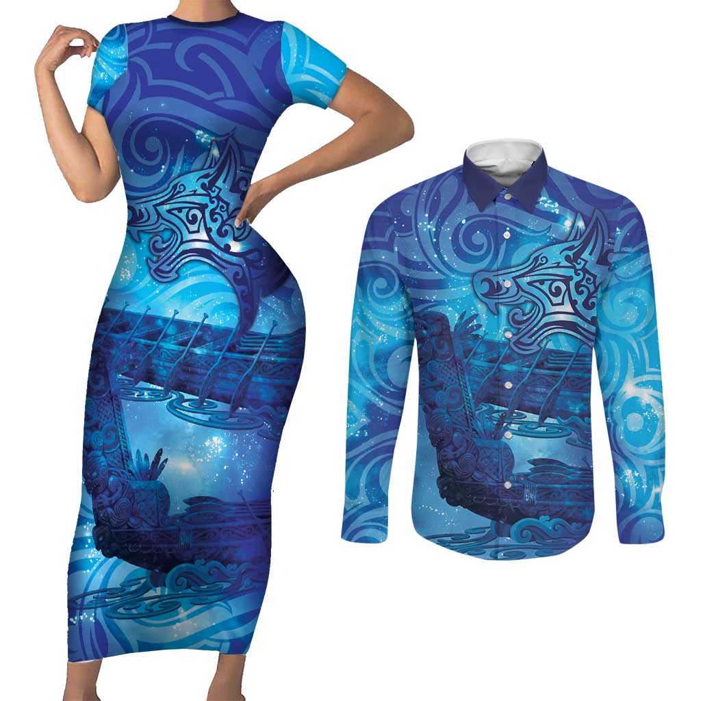 Kuri New Zealand Matariki Couples Matching Short Sleeve Bodycon Dress and Long Sleeve Button Shirt Aotearoa Dog Waka Maori New Year Galaxy Vibes LT14 Blue - Polynesian Pride