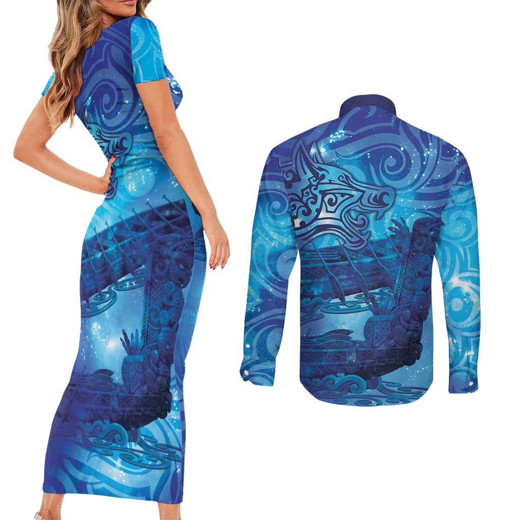 Kuri New Zealand Matariki Couples Matching Short Sleeve Bodycon Dress and Long Sleeve Button Shirt Aotearoa Dog Waka Maori New Year Galaxy Vibes