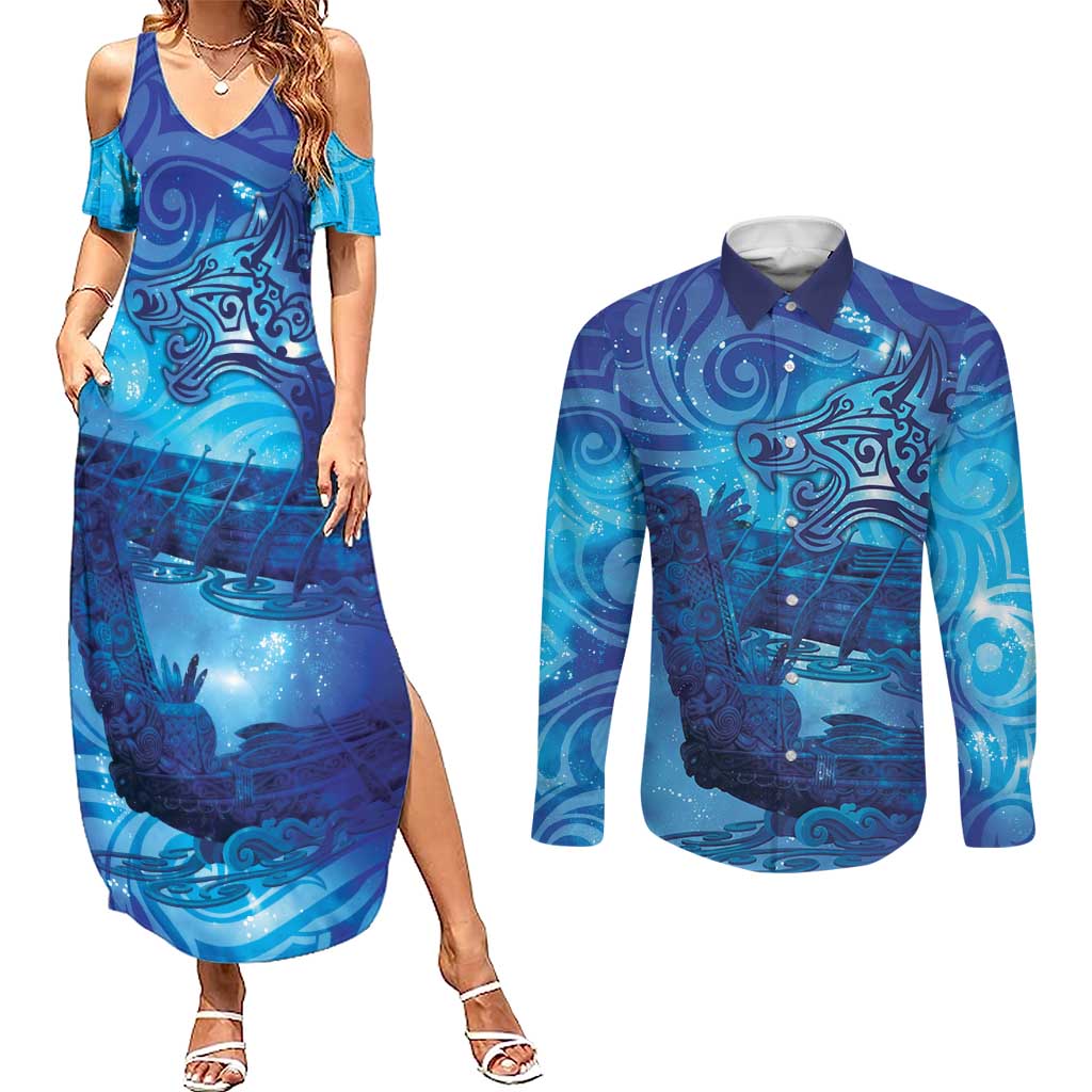Kuri New Zealand Matariki Couples Matching Summer Maxi Dress and Long Sleeve Button Shirt Aotearoa Dog Waka Maori New Year Galaxy Vibes LT14 Blue - Polynesian Pride