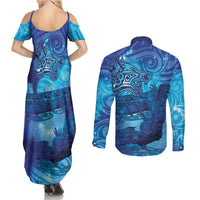 Kuri New Zealand Matariki Couples Matching Summer Maxi Dress and Long Sleeve Button Shirt Aotearoa Dog Waka Maori New Year Galaxy Vibes