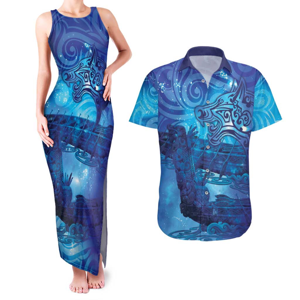Kuri New Zealand Matariki Couples Matching Tank Maxi Dress and Hawaiian Shirt Aotearoa Dog Waka Maori New Year Galaxy Vibes LT14 Blue - Polynesian Pride