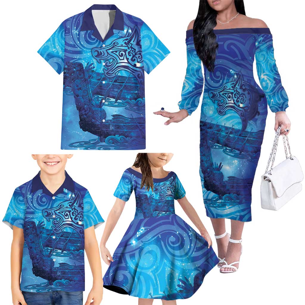 Kuri New Zealand Matariki Family Matching Off The Shoulder Long Sleeve Dress and Hawaiian Shirt Aotearoa Dog Waka Maori New Year Galaxy Vibes LT14 - Polynesian Pride