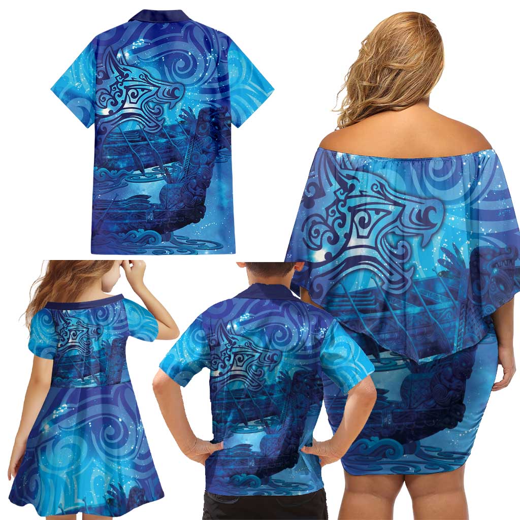 Kuri New Zealand Matariki Family Matching Off Shoulder Short Dress and Hawaiian Shirt Aotearoa Dog Waka Maori New Year Galaxy Vibes