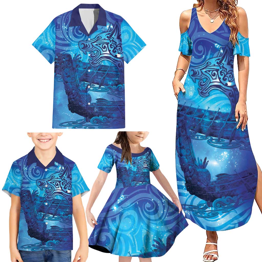 Kuri New Zealand Matariki Family Matching Summer Maxi Dress and Hawaiian Shirt Aotearoa Dog Waka Maori New Year Galaxy Vibes
