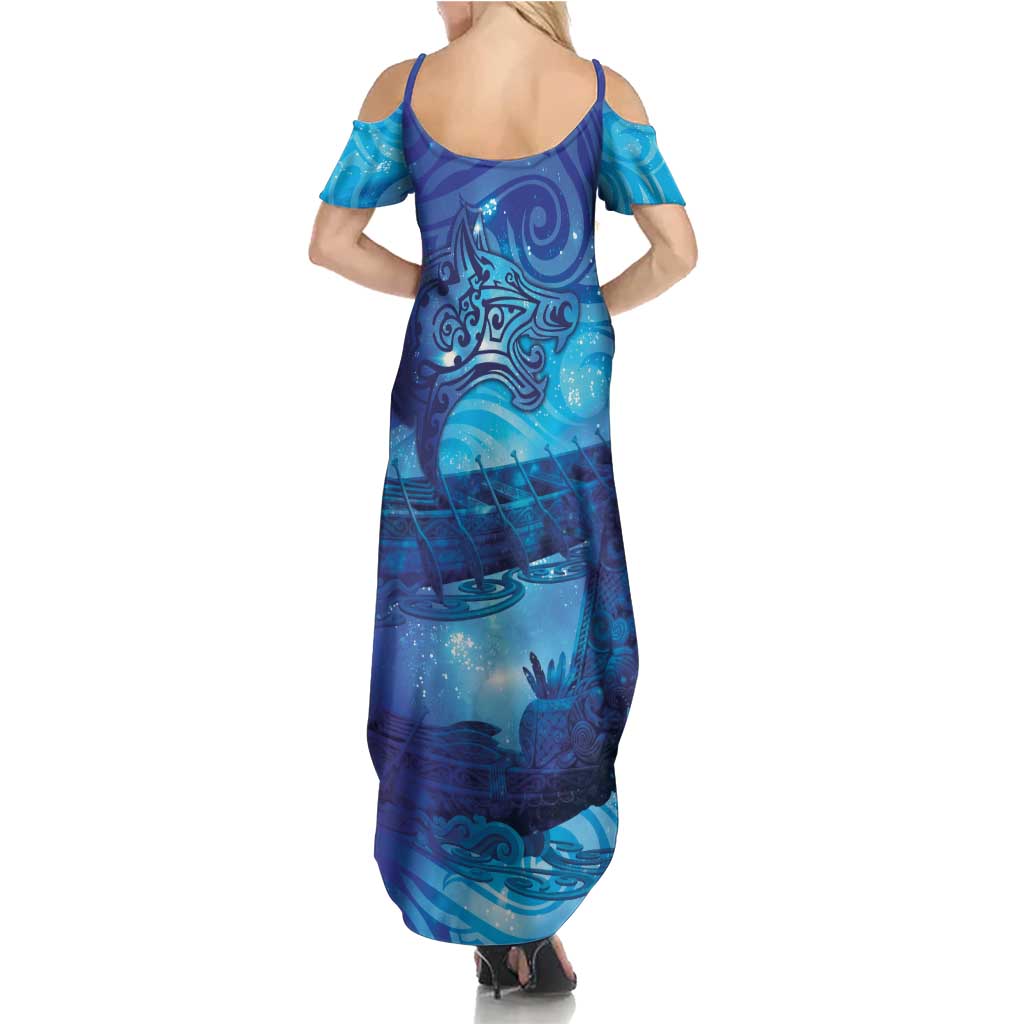 Kuri New Zealand Matariki Family Matching Summer Maxi Dress and Hawaiian Shirt Aotearoa Dog Waka Maori New Year Galaxy Vibes