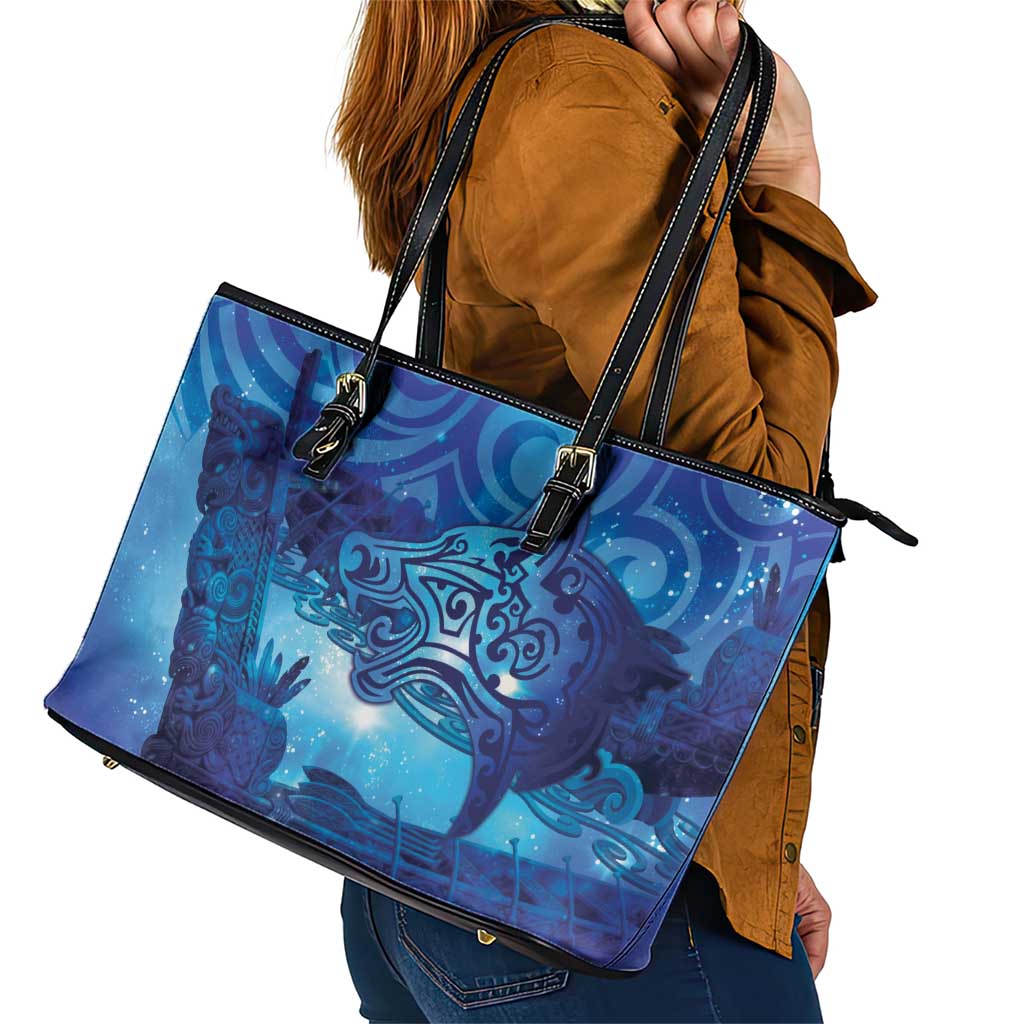 Kuri New Zealand Matariki Leather Tote Bag Aotearoa Dog Waka Maori New Year Galaxy Vibes