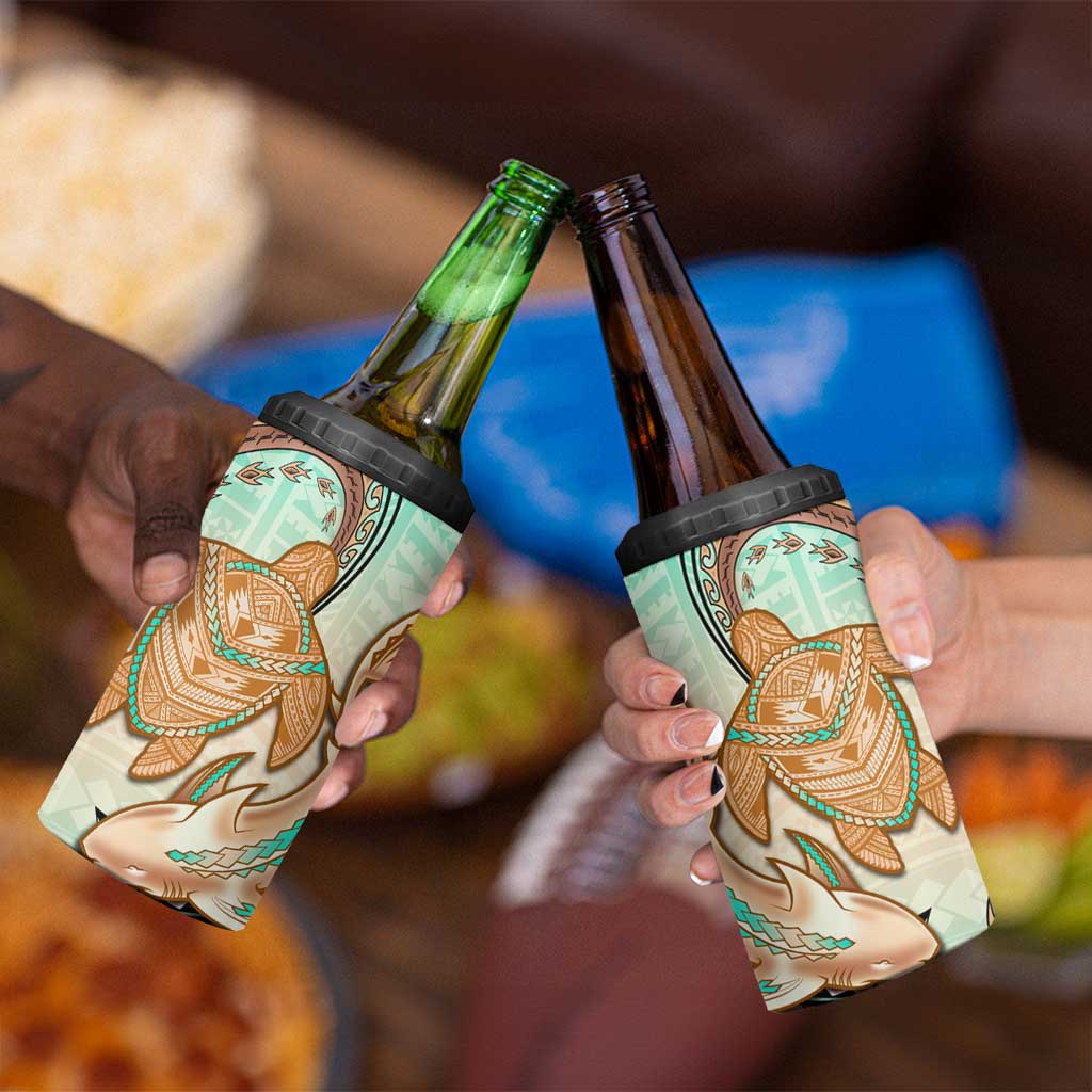 Hawaii 4 in 1 Can Cooler Tumbler Polynesian Shark and Sea Turtle Dreamy Turquoise Artsy